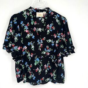 Maeve Top Womens XS Floral Black‎ Flutter Sleeve Boho Peasant Anthropologie